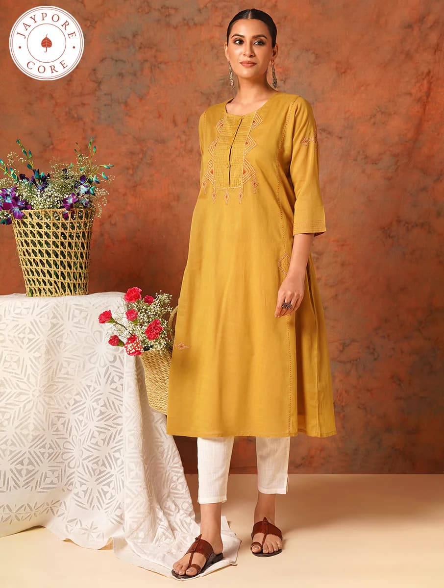 Women's Yellow Casual Regular Fit Self-Design Three Quarter Sleeves Kurta