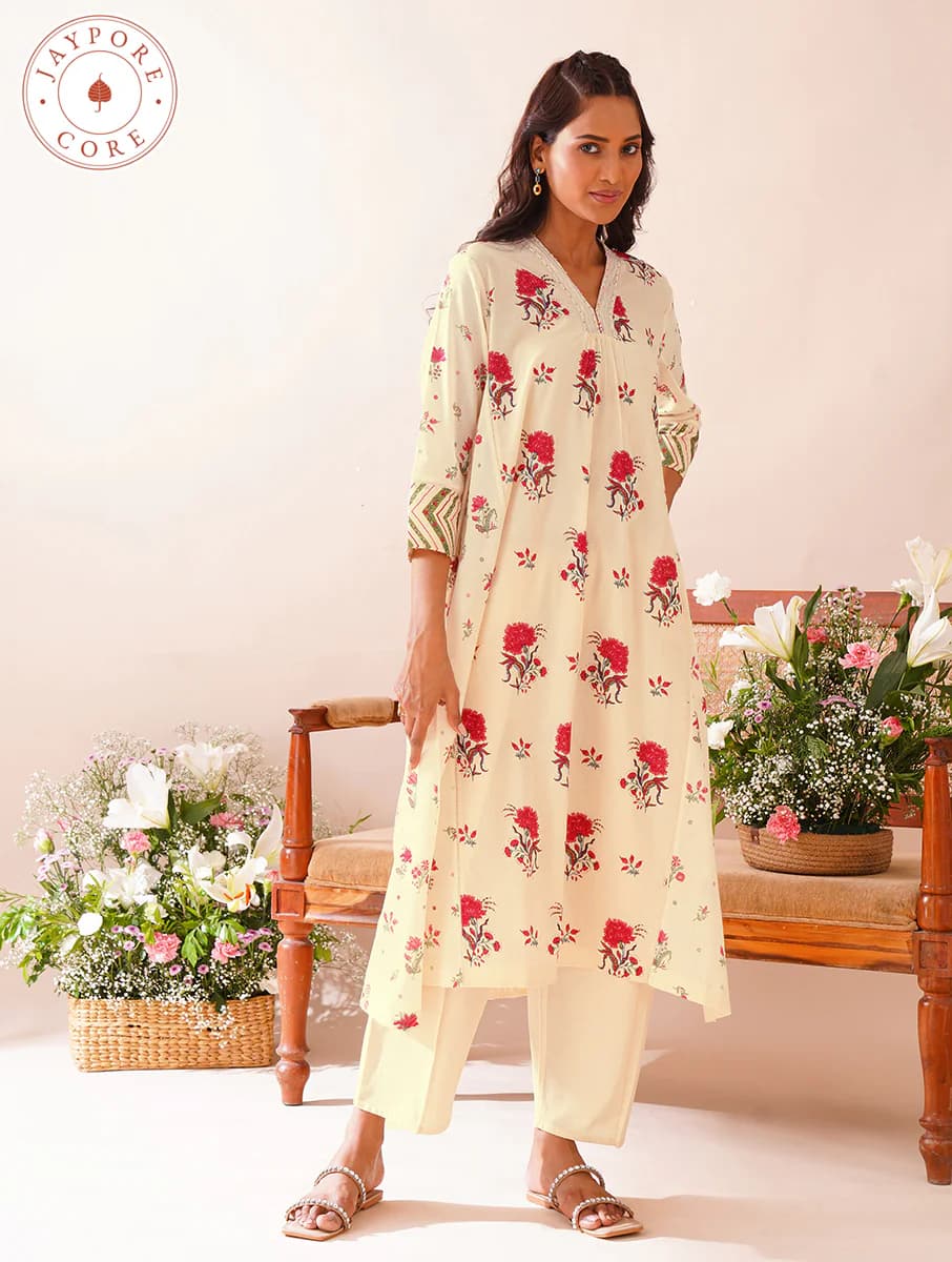 Women's Off White Casual Regular Fit Floral Three Quarter Sleeves Kurta