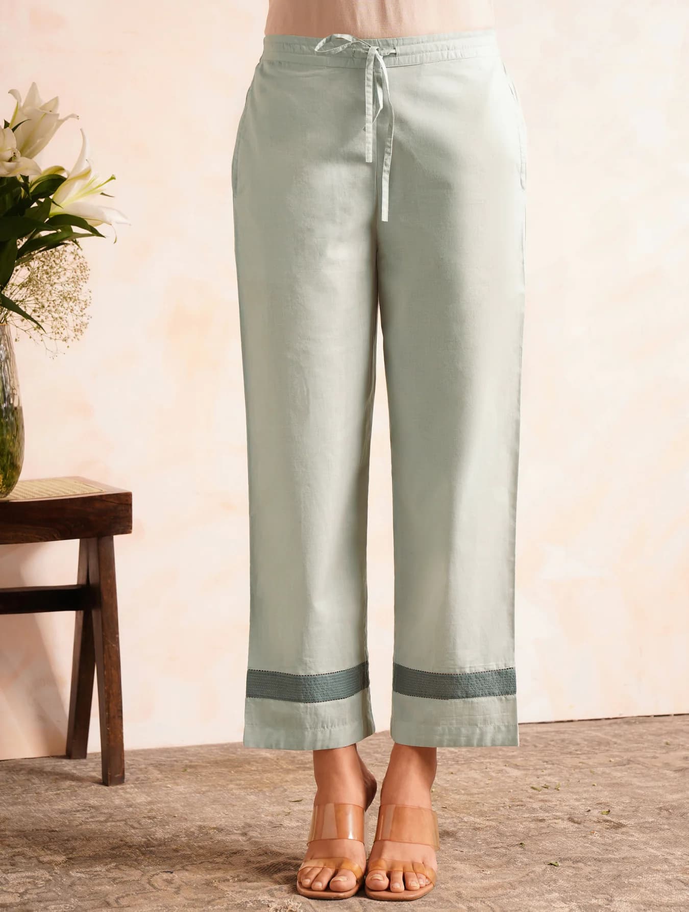 Women's Blue Cotton Solid Ankle Length Straight Fit Trouser