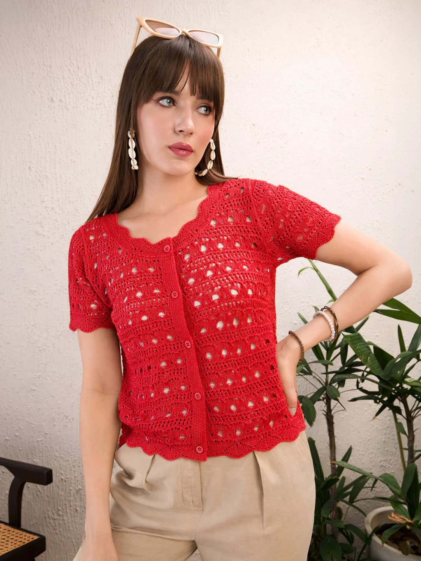 Women's Red Casual Regular Fit Half Sleeves Round Neck Top