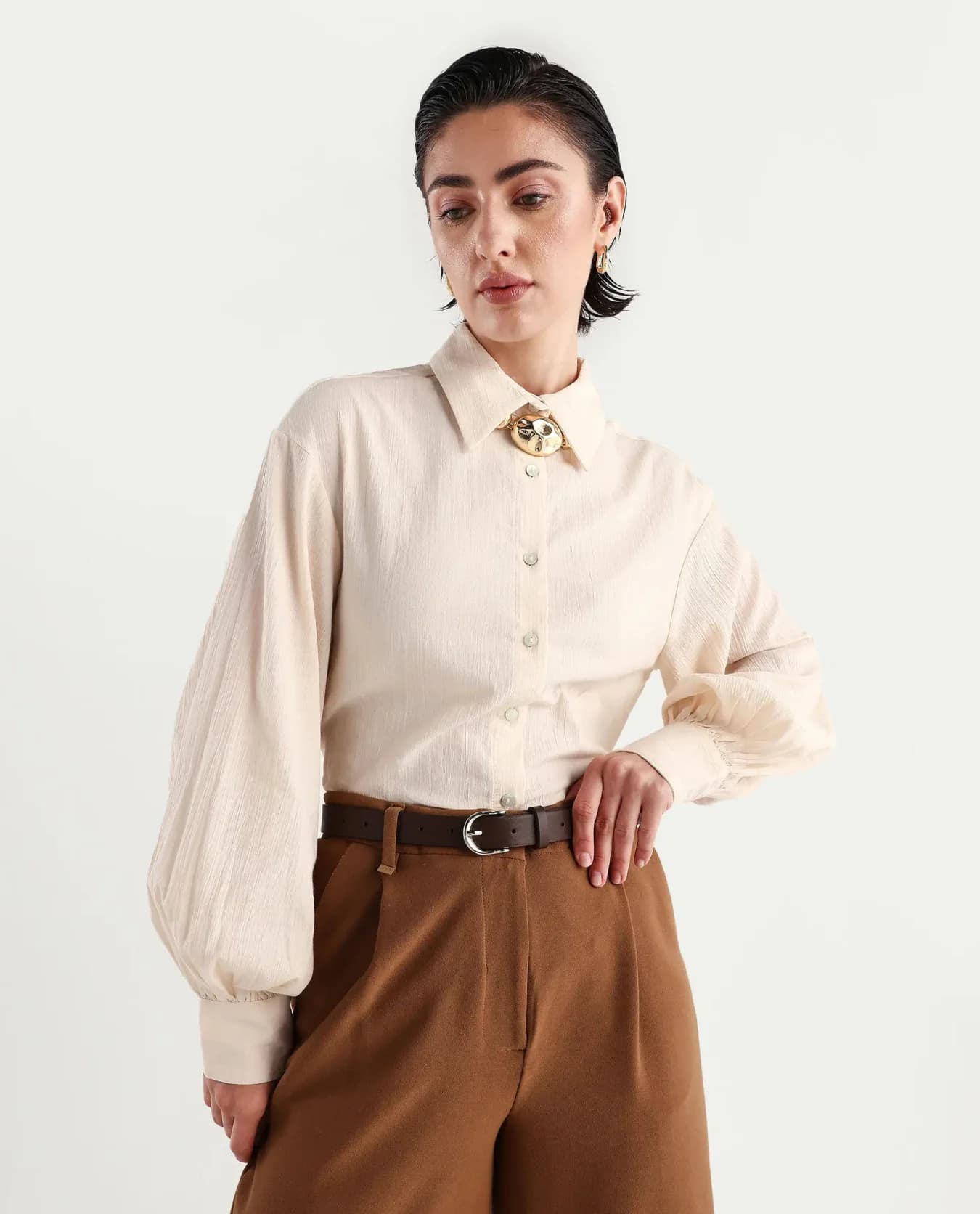 Women's Cream Casual Solid Regular Fit Shirt