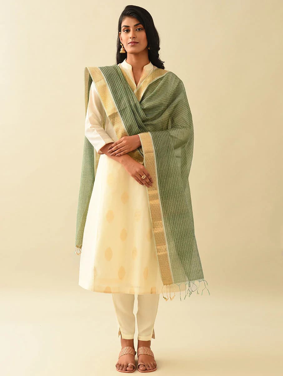 Women's Olive Green Cotton Silk Checks Hand Woven Dupatta