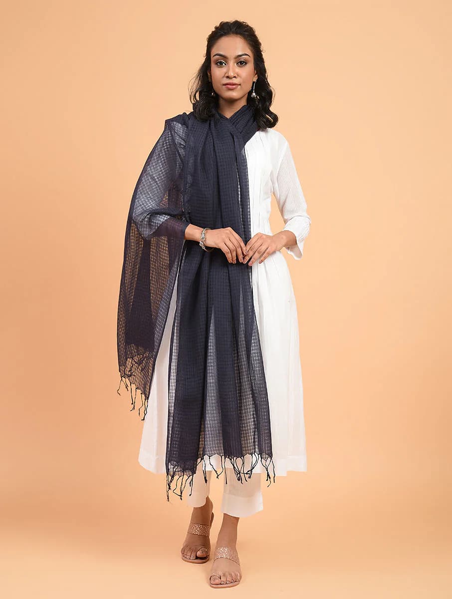 Women's Indigo Blue Cotton Solid Hand Woven Dupatta