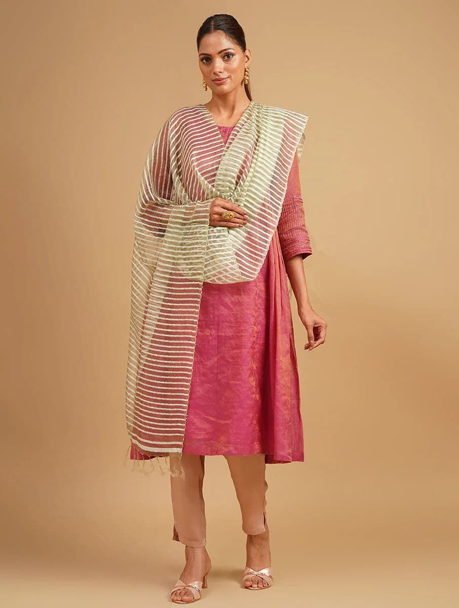 Women's Green Silk Striped Hand Woven Dupatta