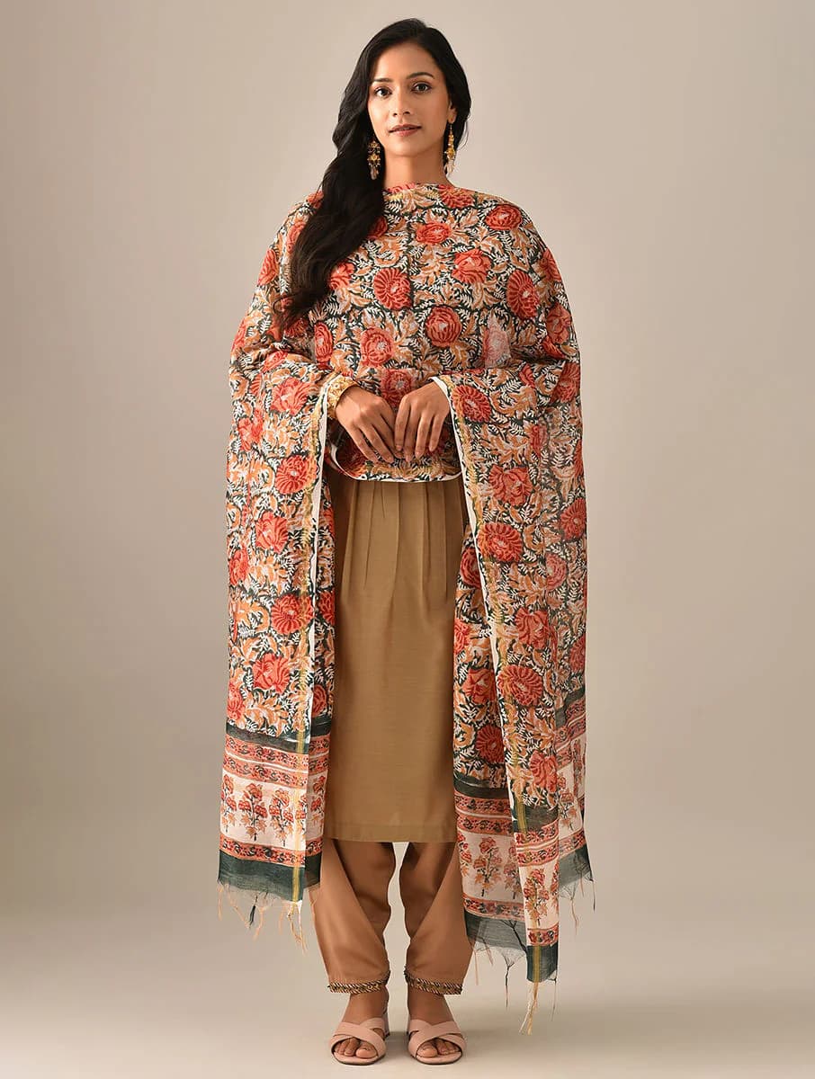 Women's Green Cotton Silk Printed Block Print Dupatta