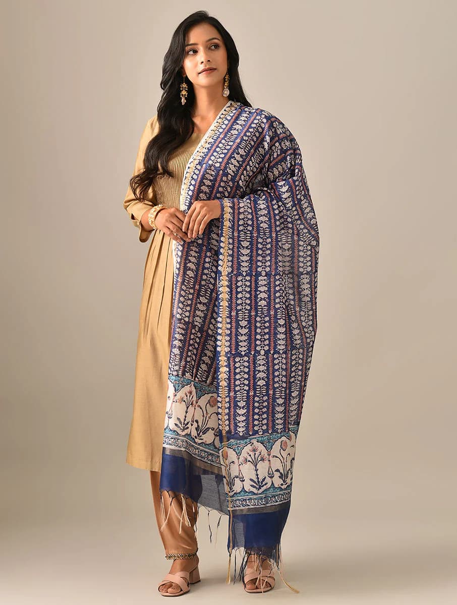 Women's Indigo Blue Cotton Silk Printed Block Print Dupatta