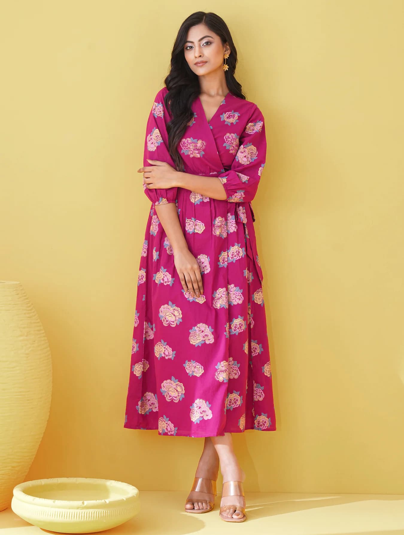 Women's Pink Casual Printed Three Quarter Sleeves A-Line Dress