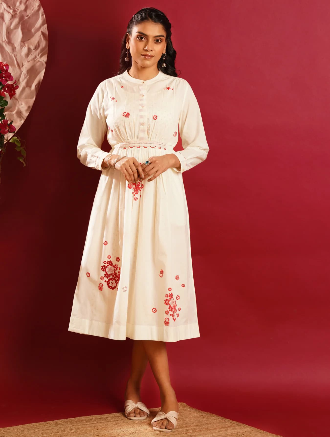 Women's White Casual Printed Full Sleeves A-Line Dress