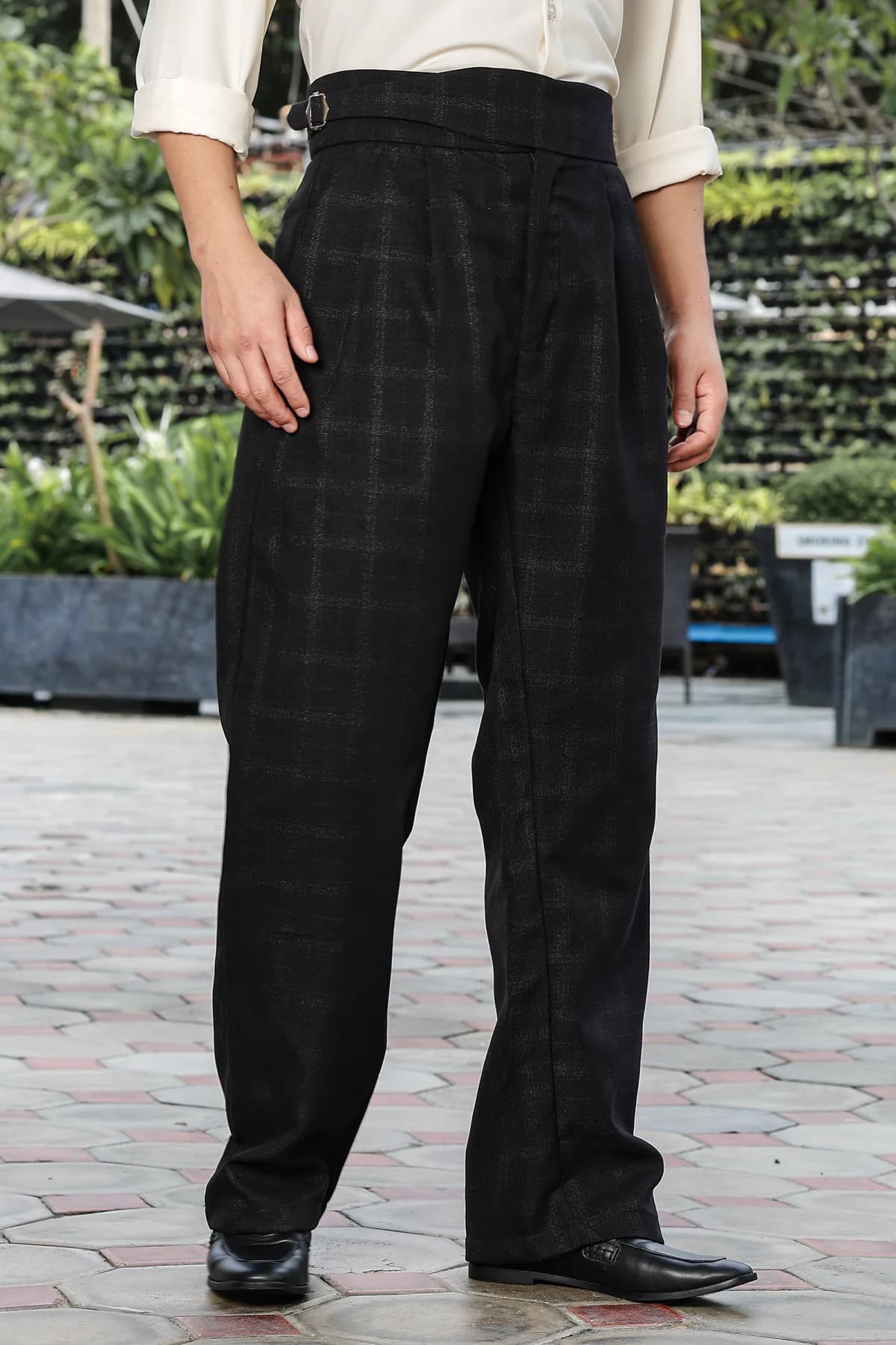 Men's Black Premium Chequered Gurkha Trouser with Double Pleated Front