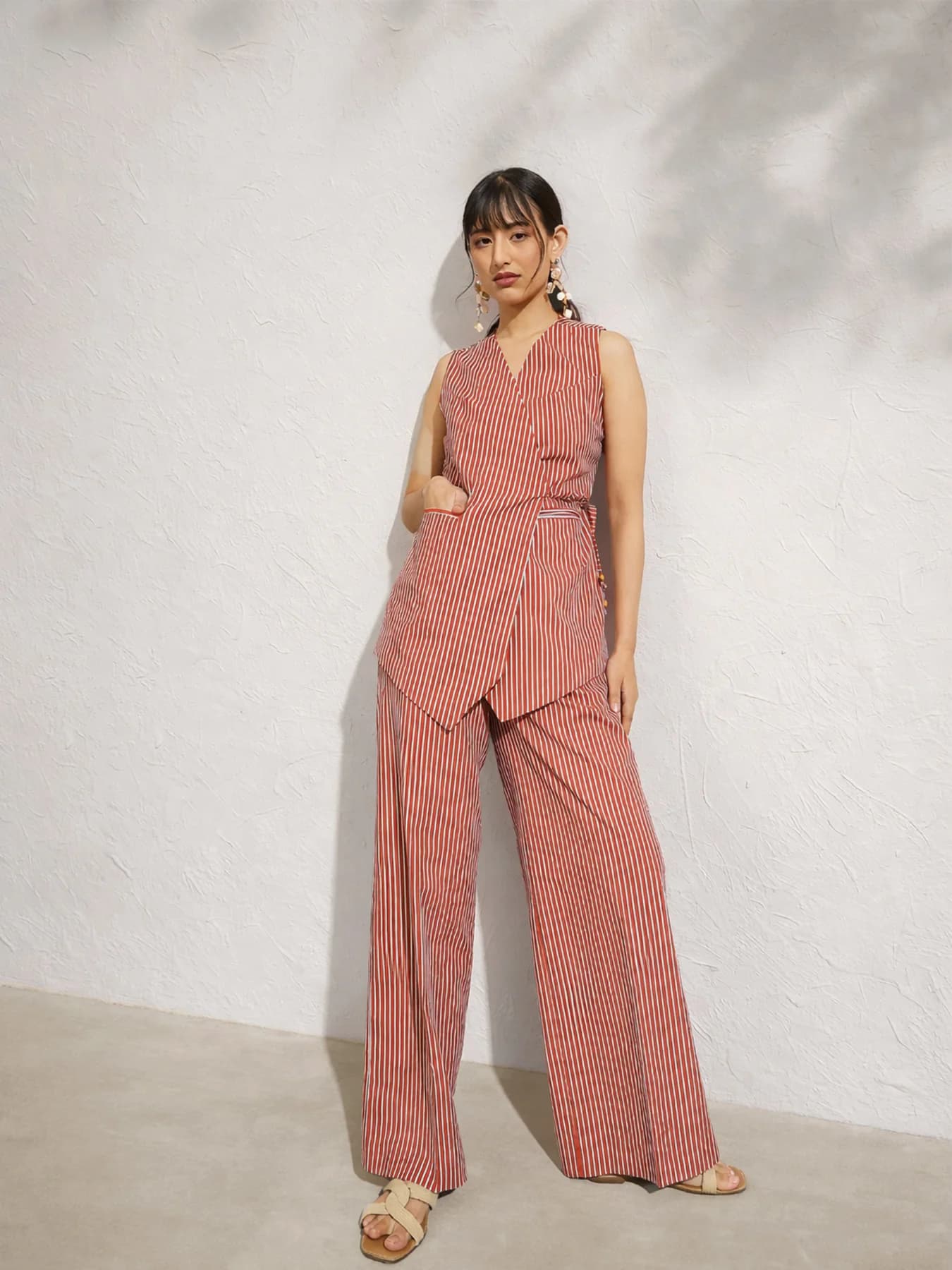 Women's Brown Casual Striped Regular Fit Co-ords Set
