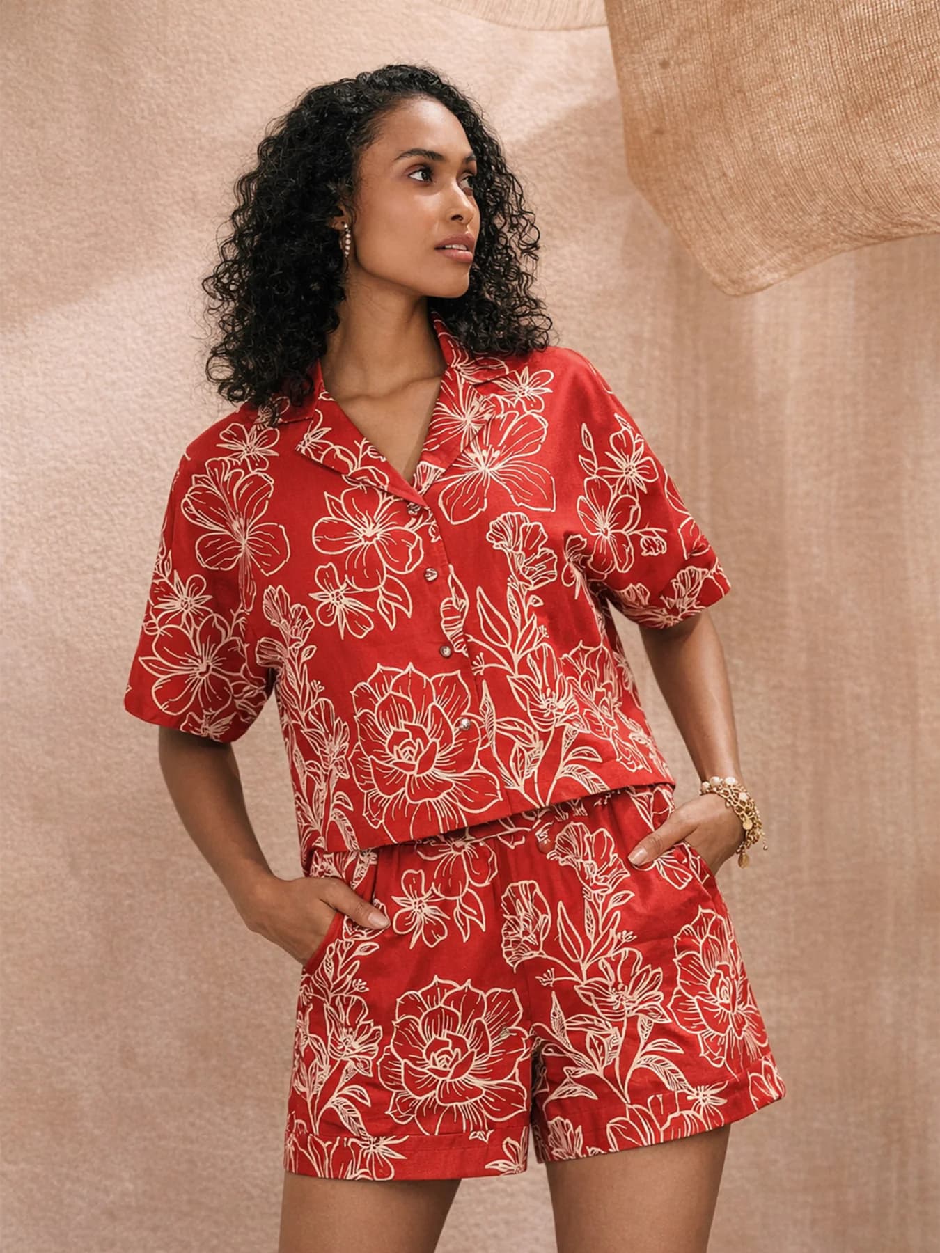 Women's Red Casual Floral Regular Fit Co-ords Set
