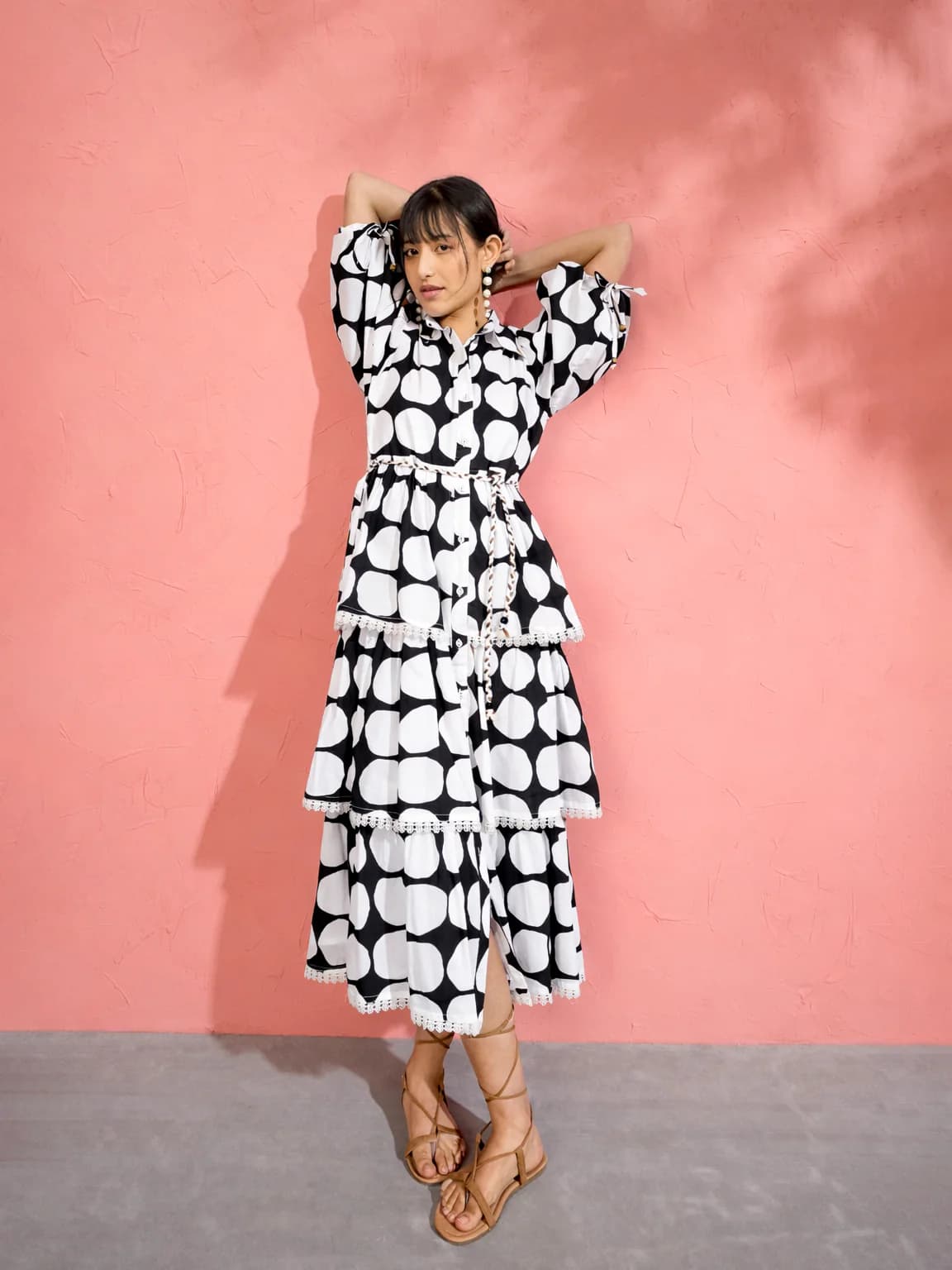Women's Black & White Polka Dot Frill Tiered Button Down Midi Dress