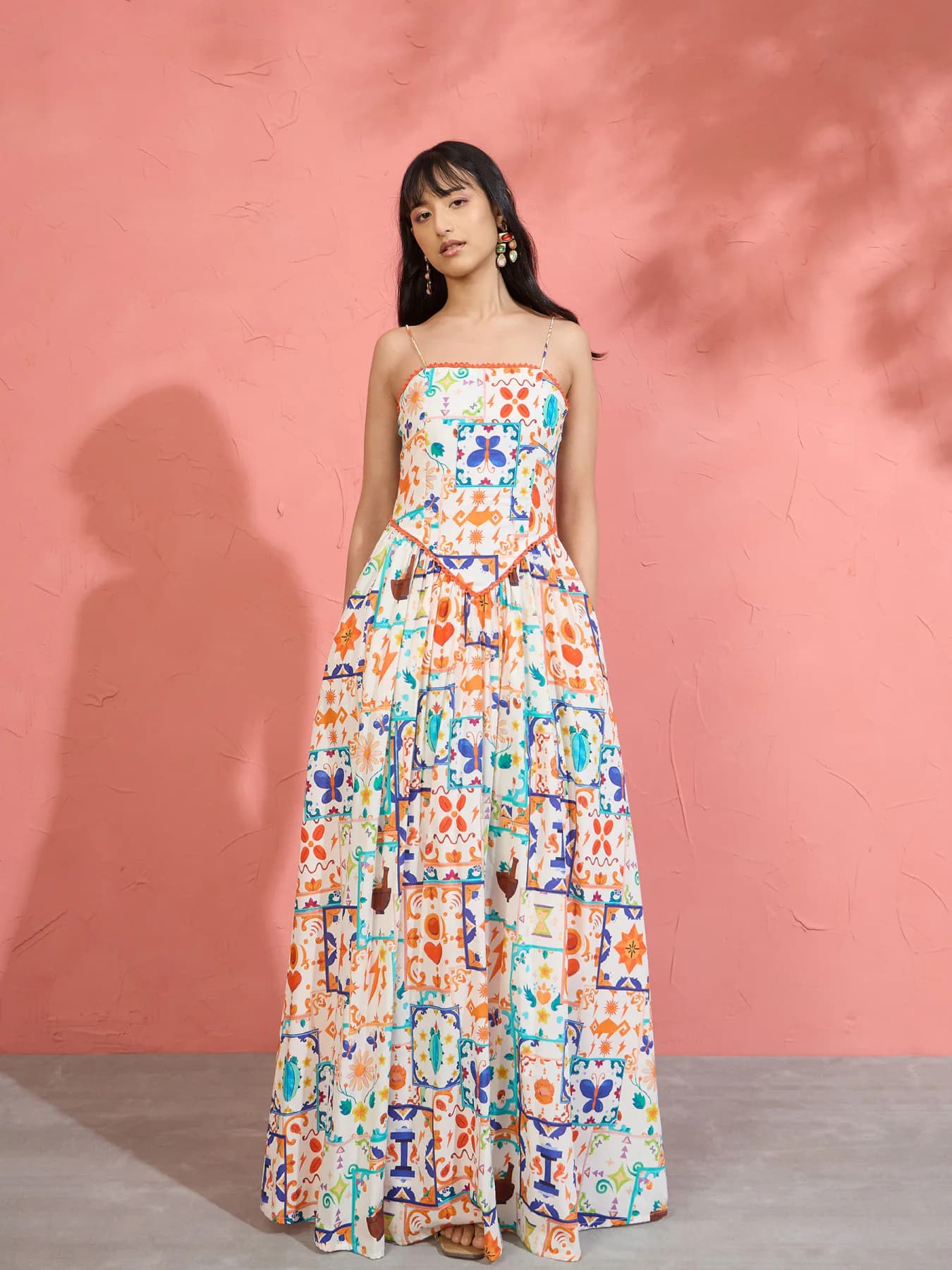 Women's Off White Motif Print Strappy Drop-Waist Maxi Dress