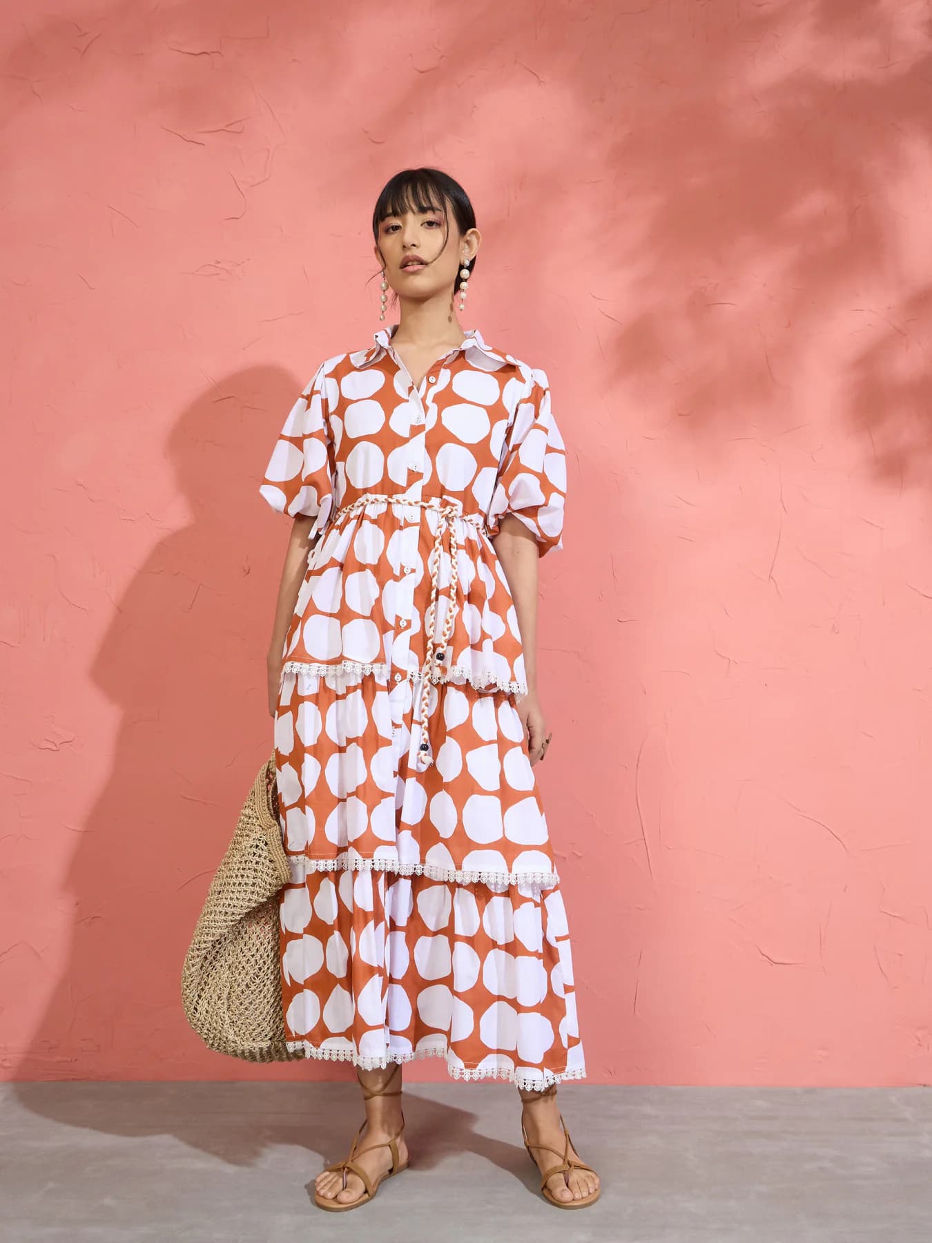Women's Brown & White Polka Dot Frill Tiered Button Down Midi Dress