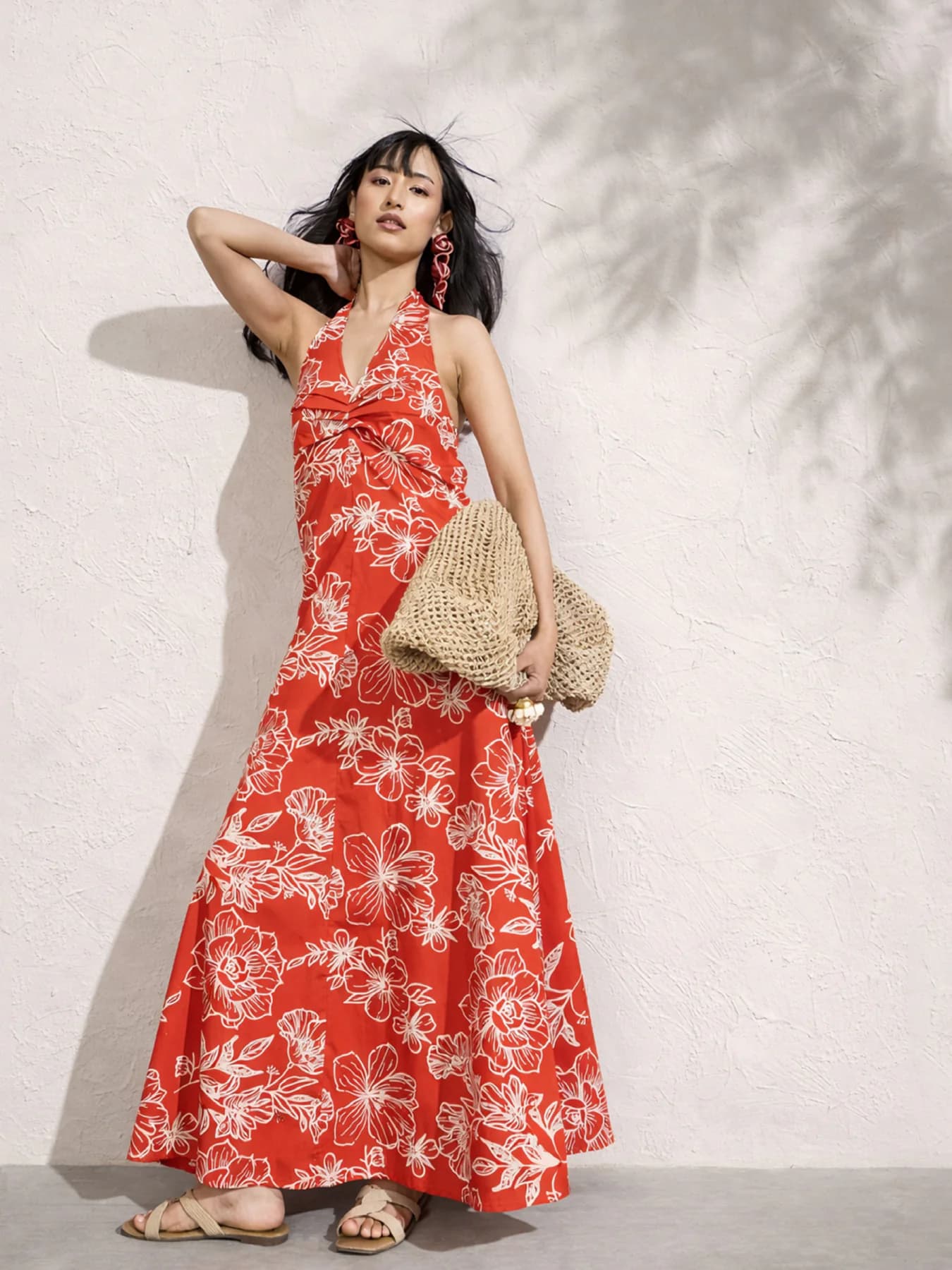 Women's Red Poplin Floral Halter Neck Maxi Dress