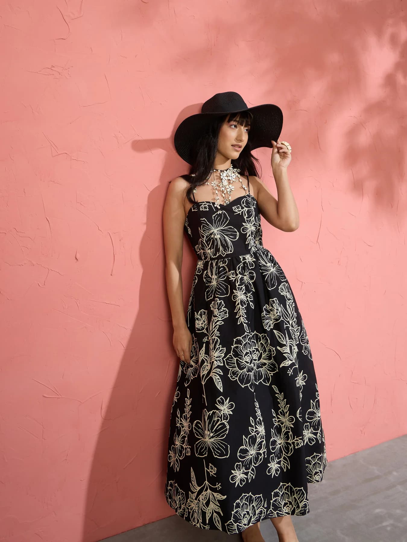 Women's Black Poplin Floral Strappy Back Tie Midi Dress