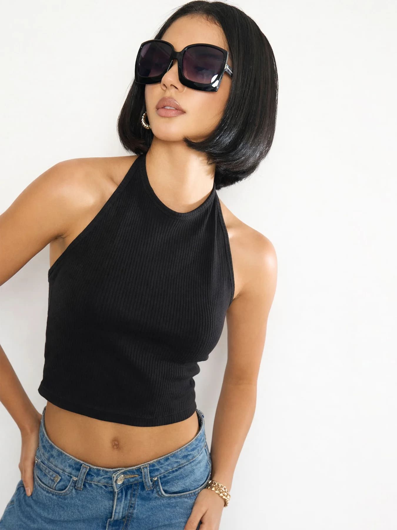 Women's Black Rib Halter Neck Crop Top