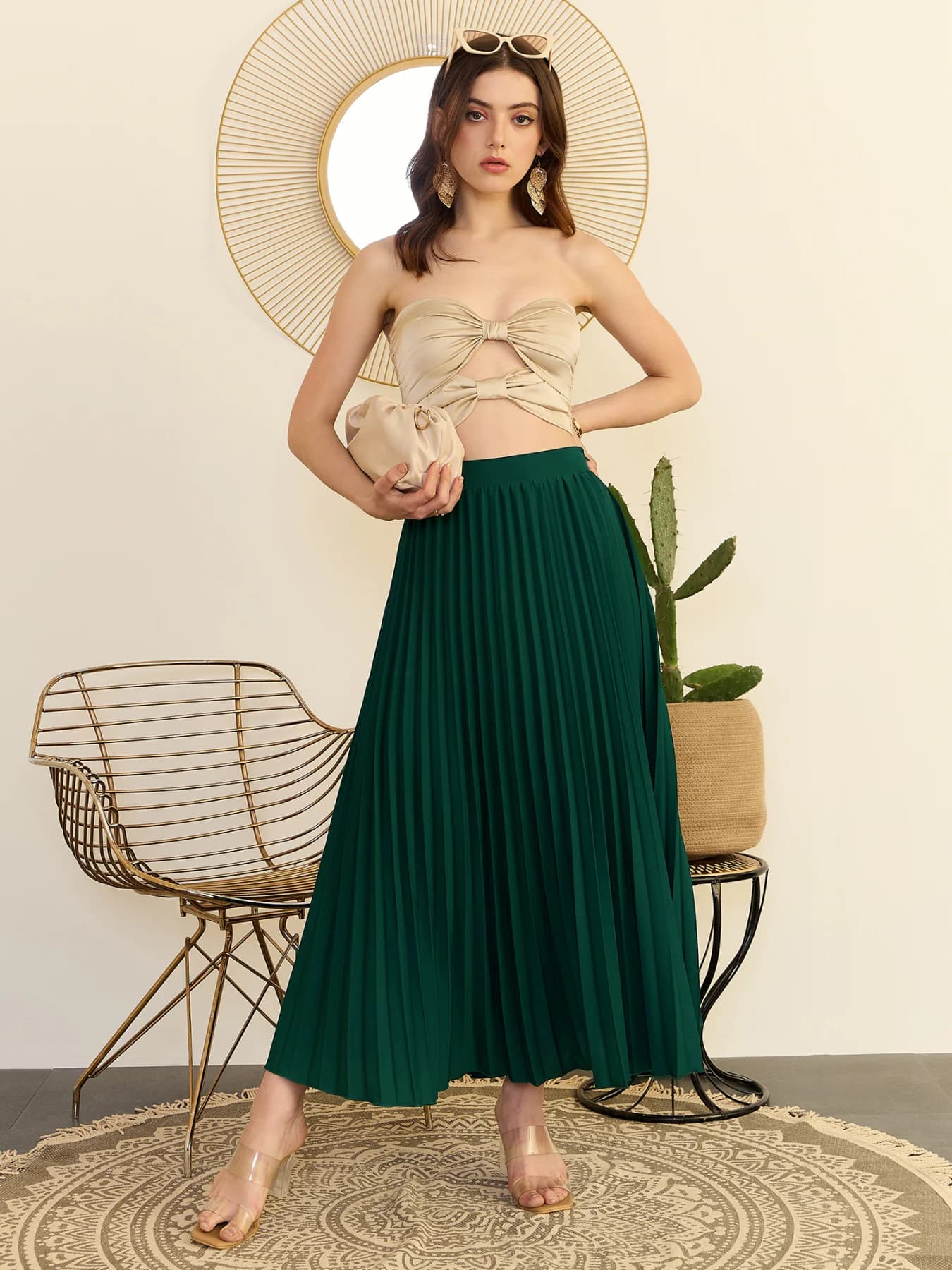 Women's Green Party Solid Regular Fit High Rise Skirt