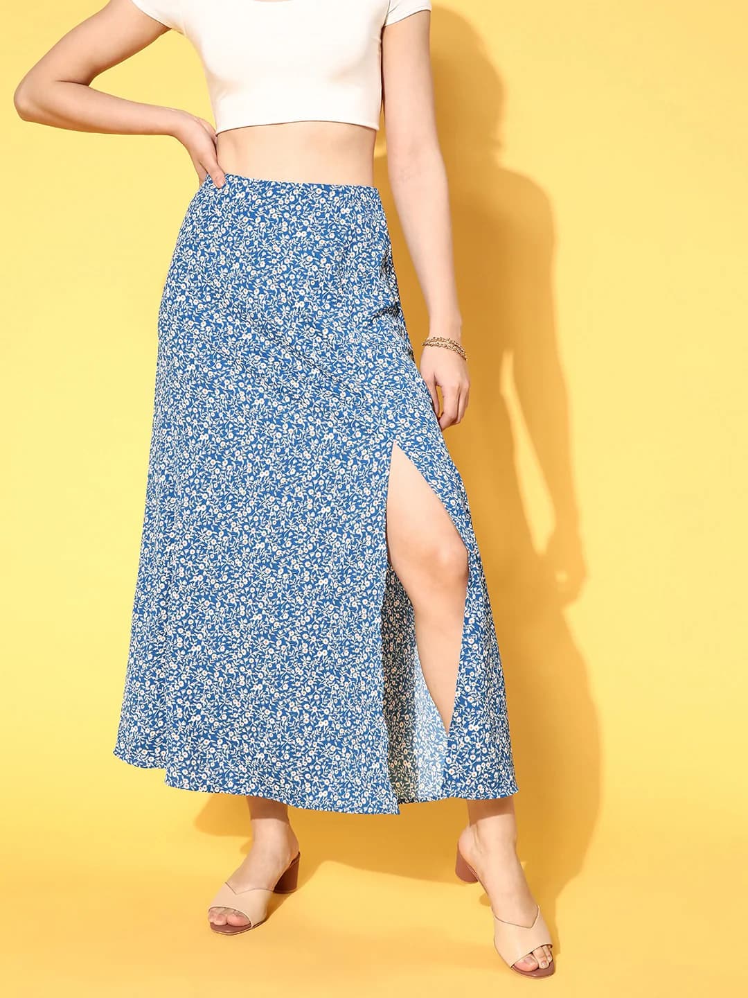 Women's Blue Casual Printed Regular Fit High Rise Skirt