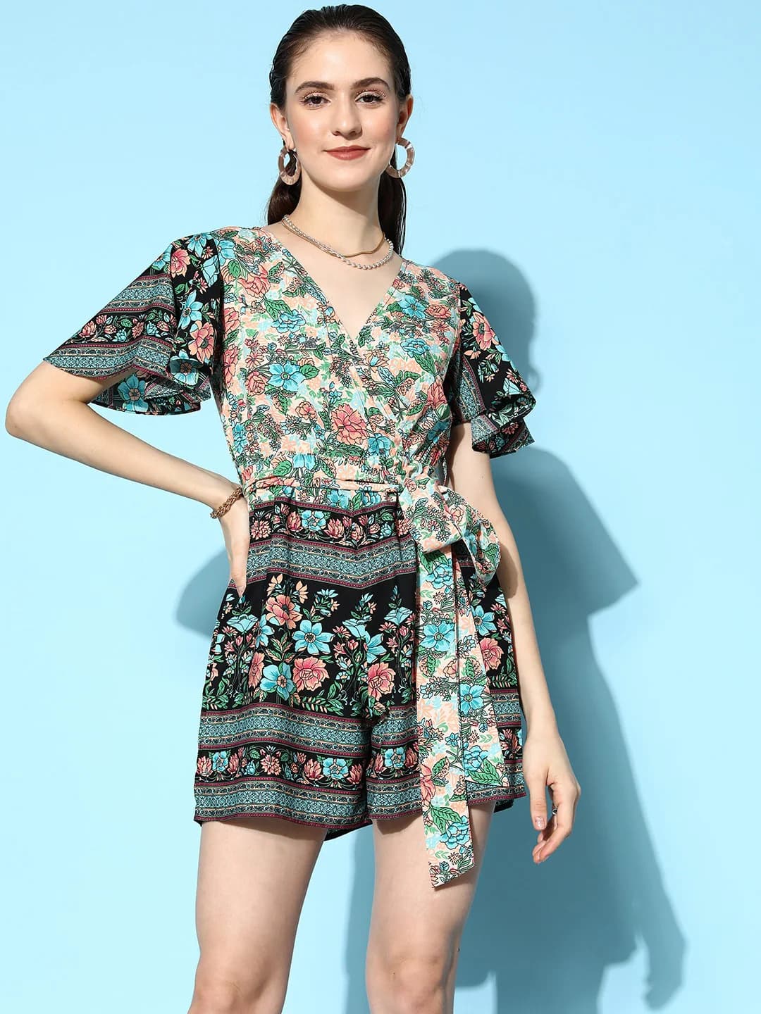 Women's Multicolor Casual Floral V-Neck Half Sleeves Jumpsuit