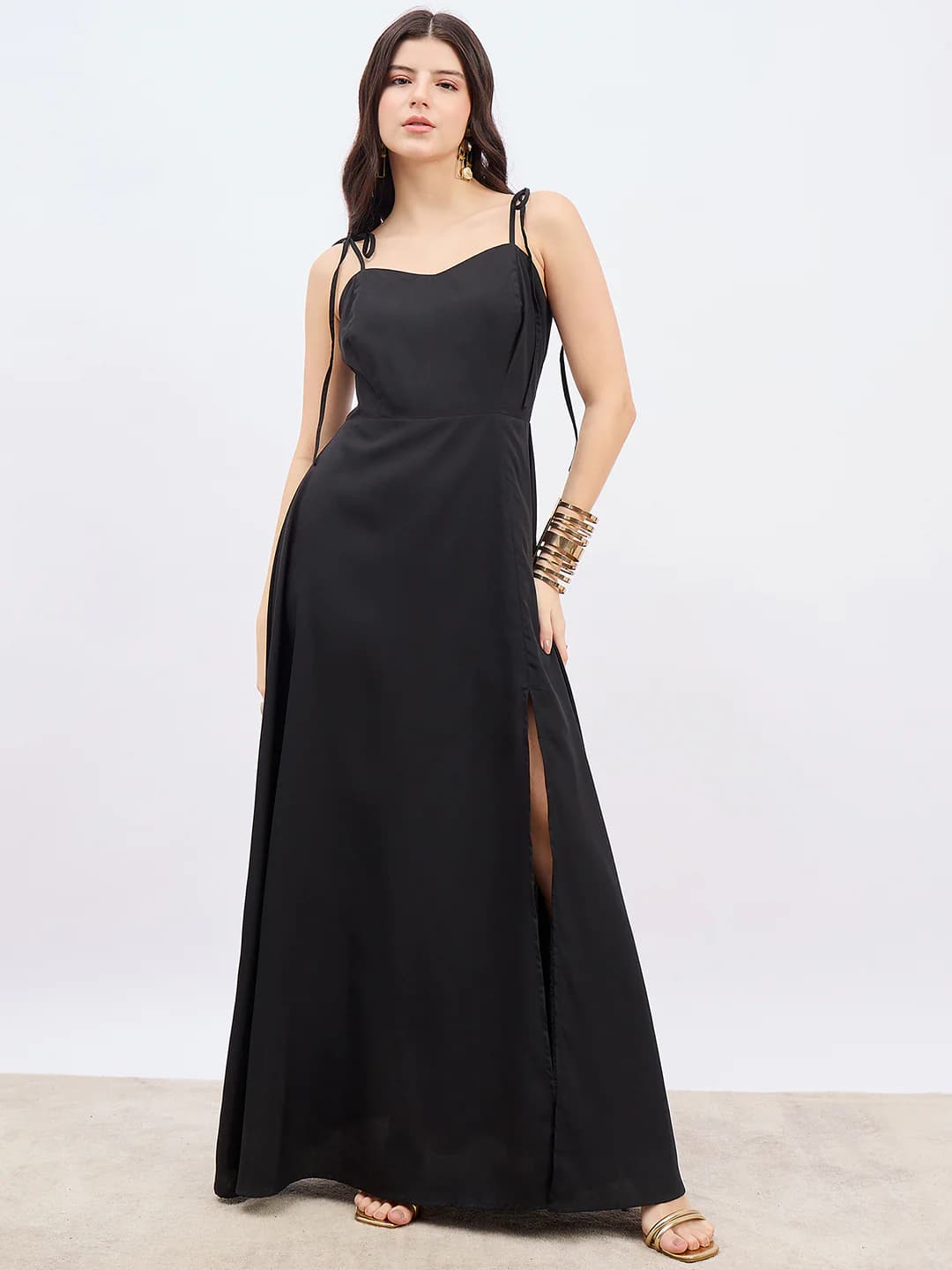 Women's Black Party Solid A-Line Shoulder Strap Dress