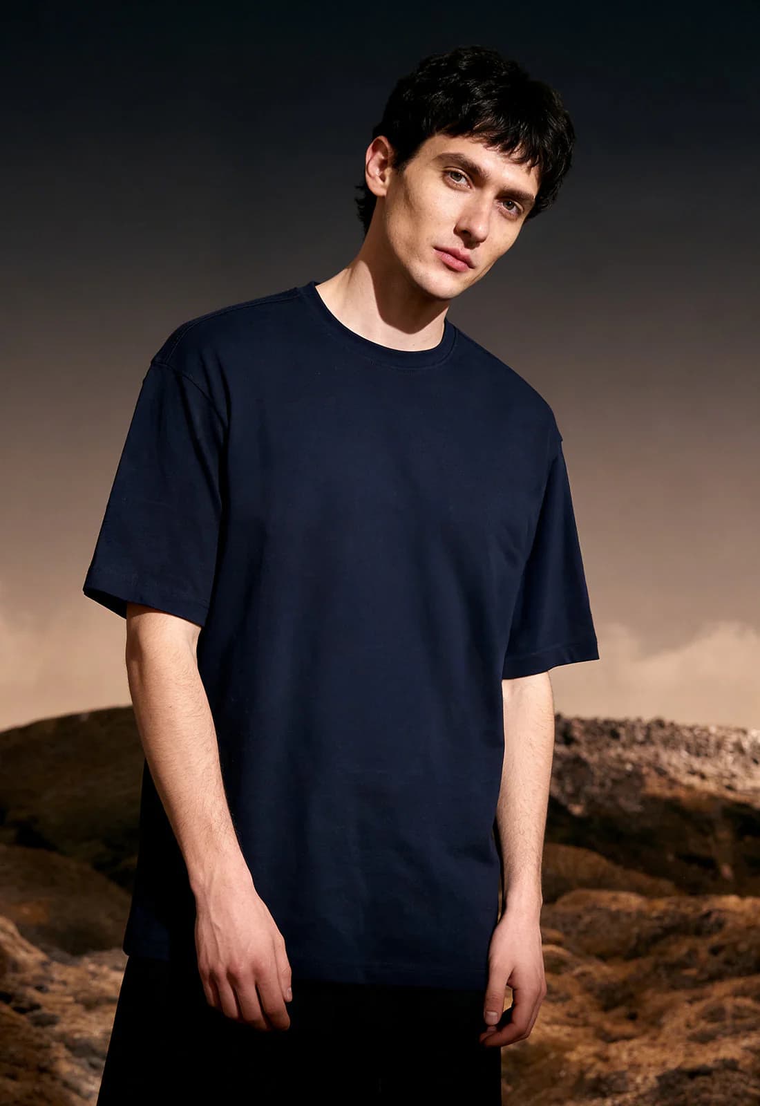 Men's Blue Casual Oversized Fit Half Sleeves Cotton Tshirt