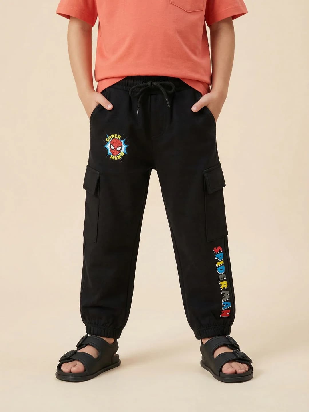 Boys Black Cotton Marvel Spiderman Placement Print Jogger