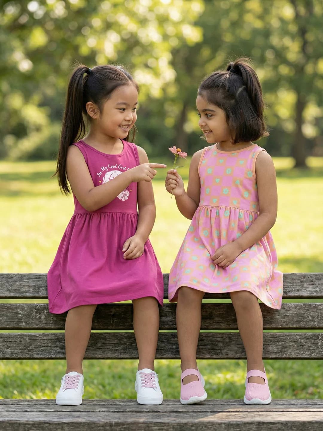Girls Multicolor Cotton Fit and Flare with Cat Graphic and Floral Heart All-Over Print Dress - Pack of 2