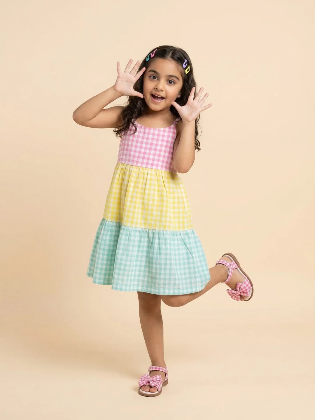 Girls Multicolor Cotton Blend Colourblock and Gingham Checked Gathered Strappy Dress