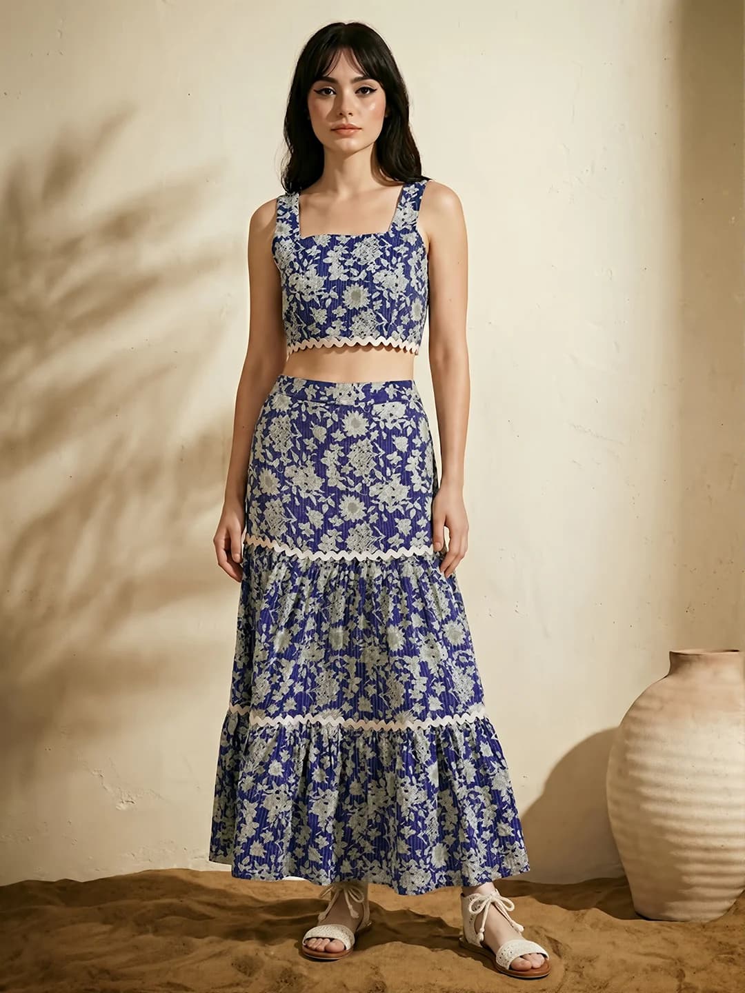 Women's Blue Party Floral Square Neck Sleeveless Crop Top and High Rise Skirt