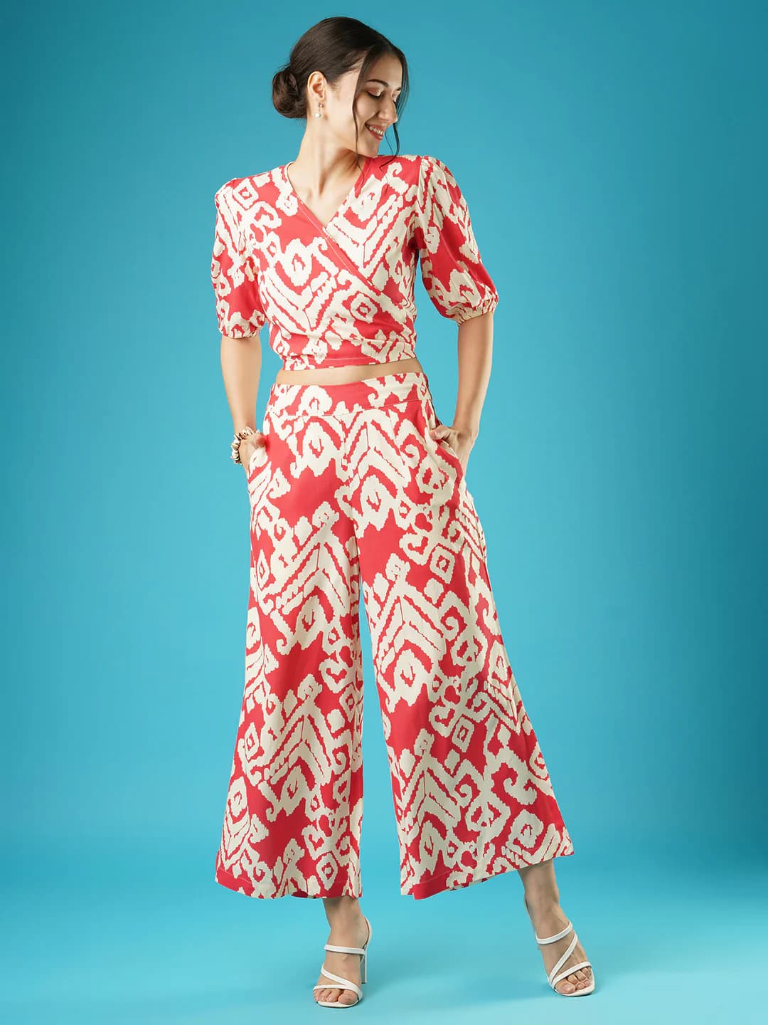 Women's Red Casual Abstract V-Neck Top and High Rise Palazzo