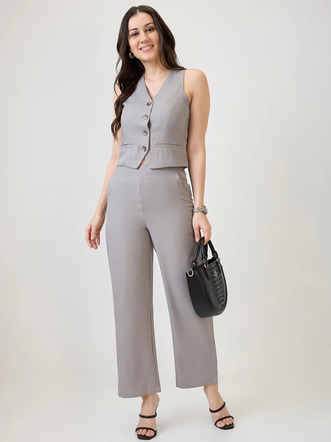 Women's Grey Formal Solid V-Neck Sleeveless Coat and Mid Rise Trouser