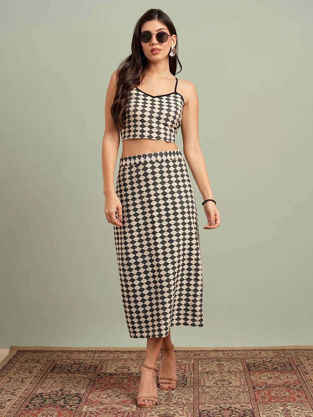 Women's Black Casual Self-Design V-Neck Sleeveless Crop Top and Mid Rise Skirt