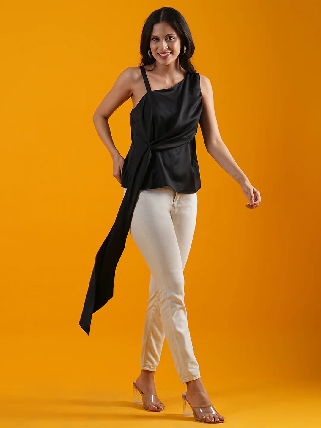 Women's Black Party Solid Regular Fit Asymmetrical Sleeveless Top