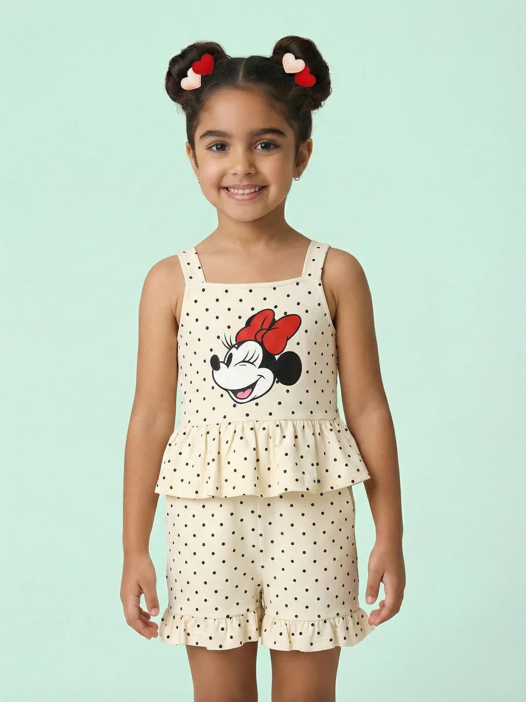 Girls White Cotton Disney Minnie Mouse Print with Polka Dots Jumpsuit with Ruffle Details