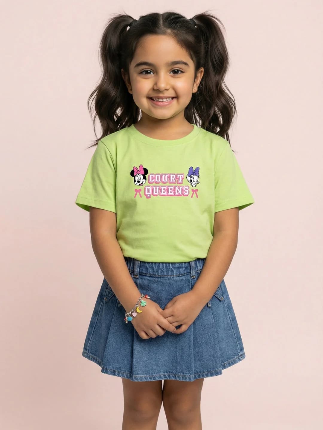 Girls Green Cotton Disney Minnie and Daisy Front and Back Print Oversized Tshirt
