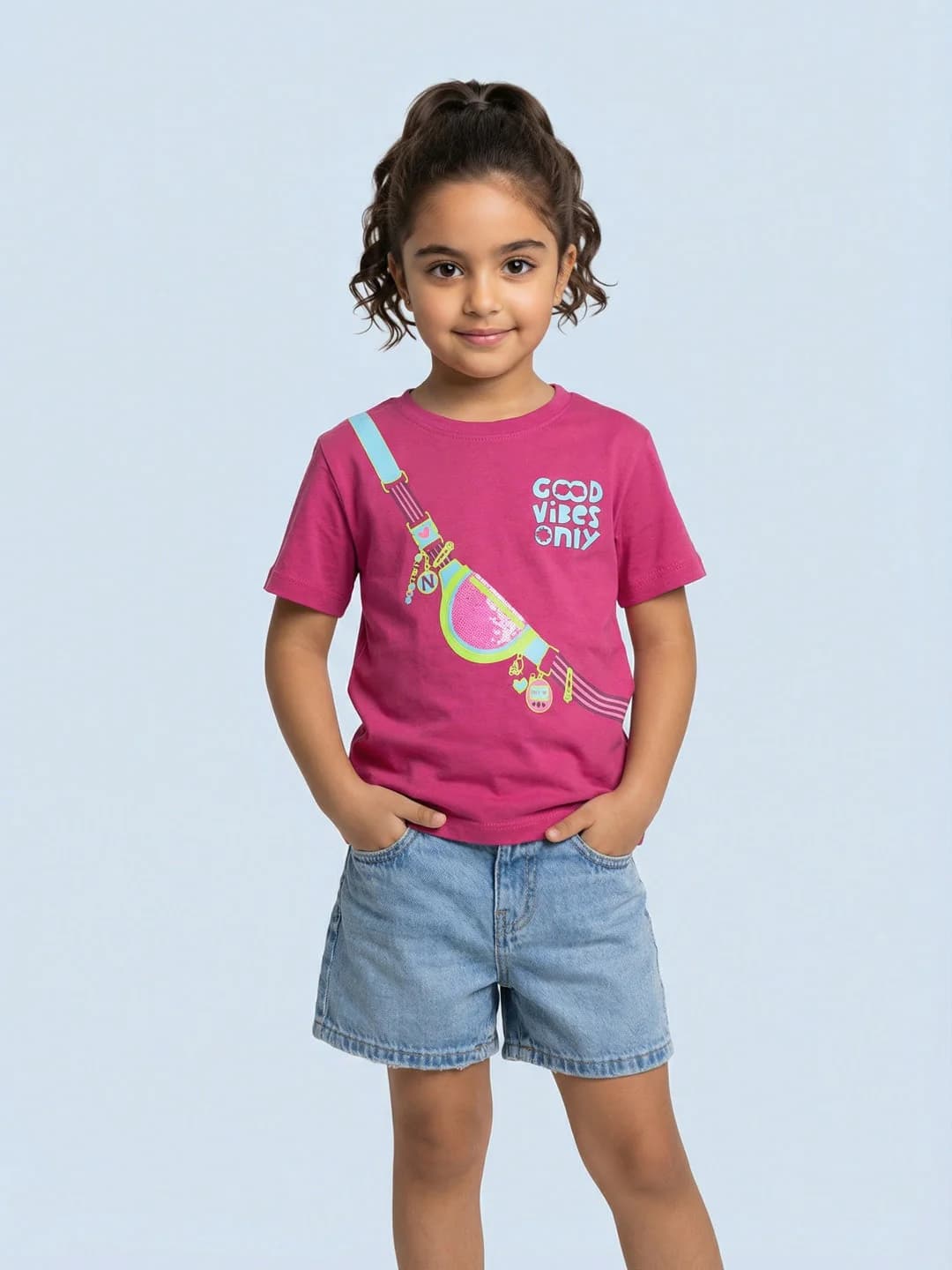 Girls Red Cotton Sequinned Tropical Print Oversized Round Neck Tshirt
