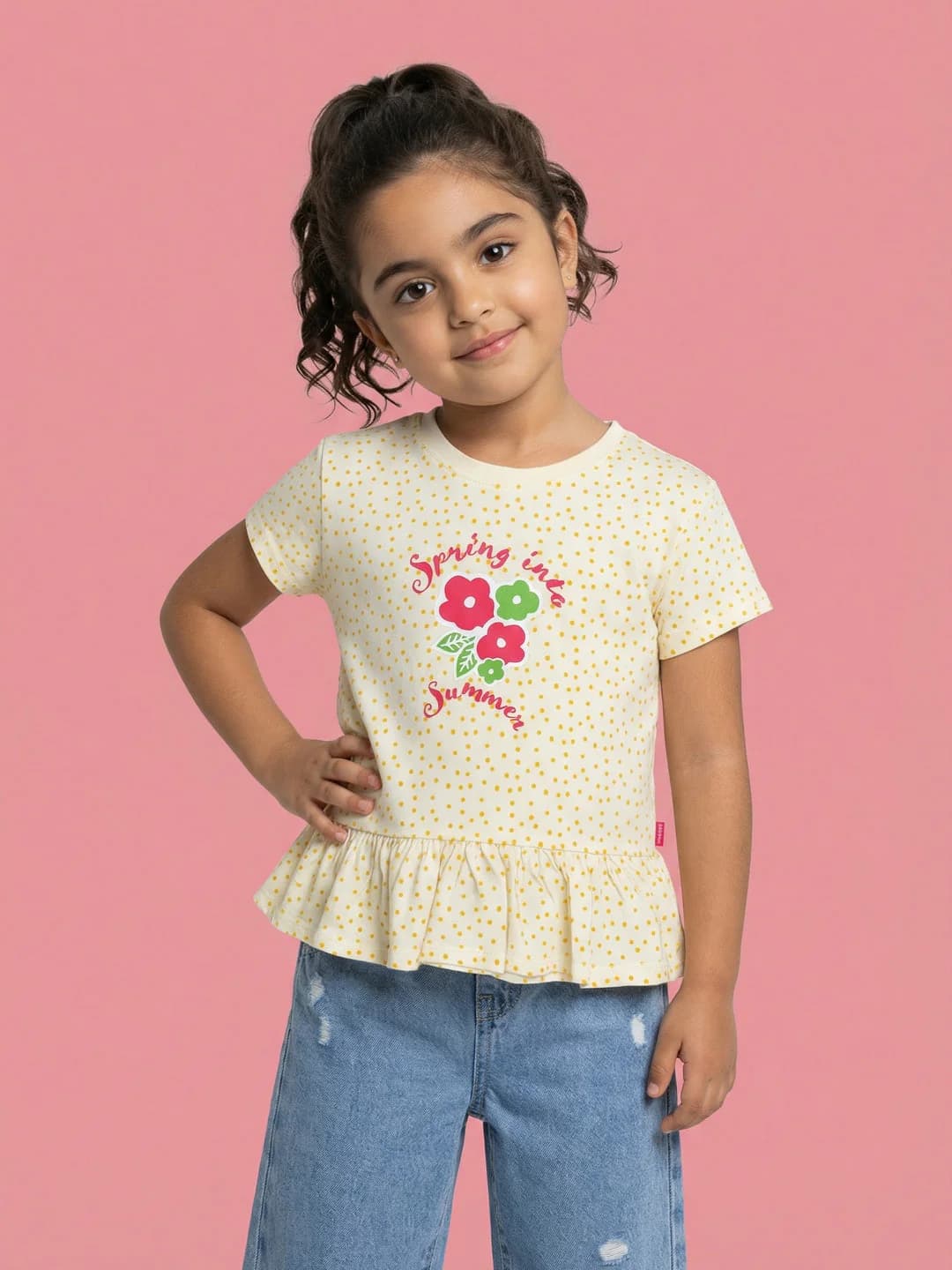 Girls Yellow Cotton Polka All-over Print and Floral Graphic Peplum Top