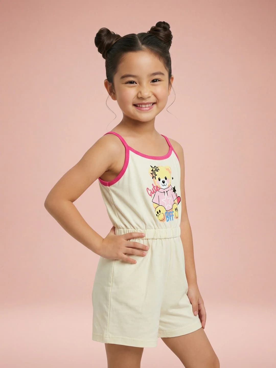 Girls White Cotton Teddy Graphic Print Jumpsuit with Elasticated Waist