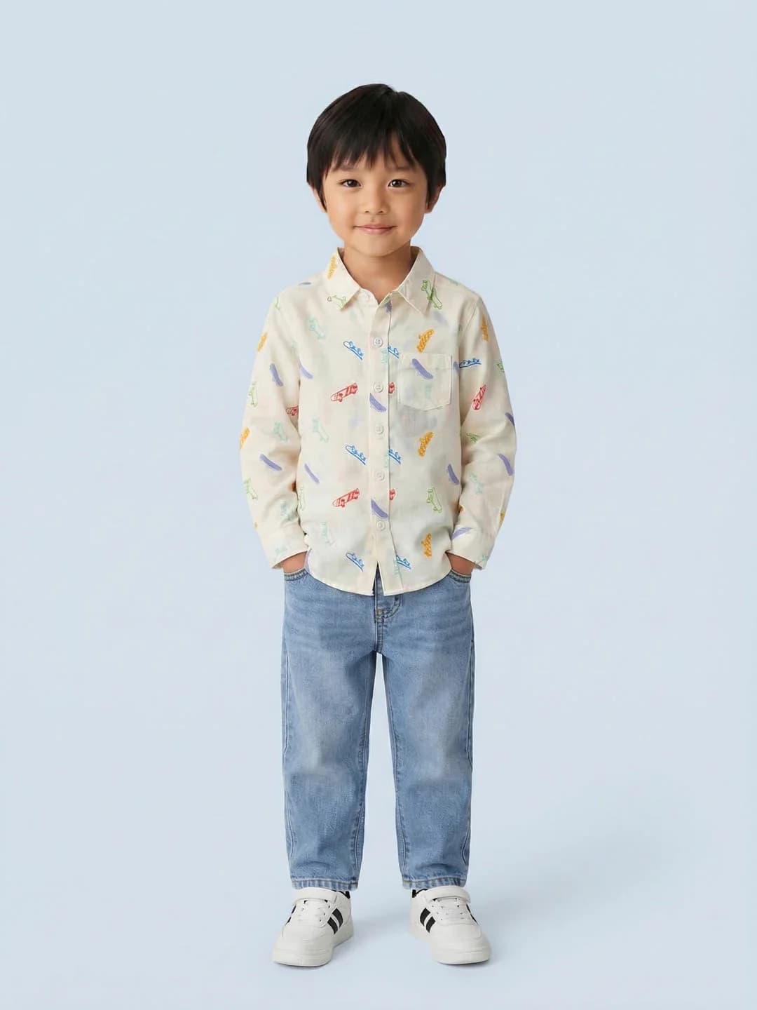 Boys White Cotton Linen Blend Skateboard All-Over Print Formal Party Shirt