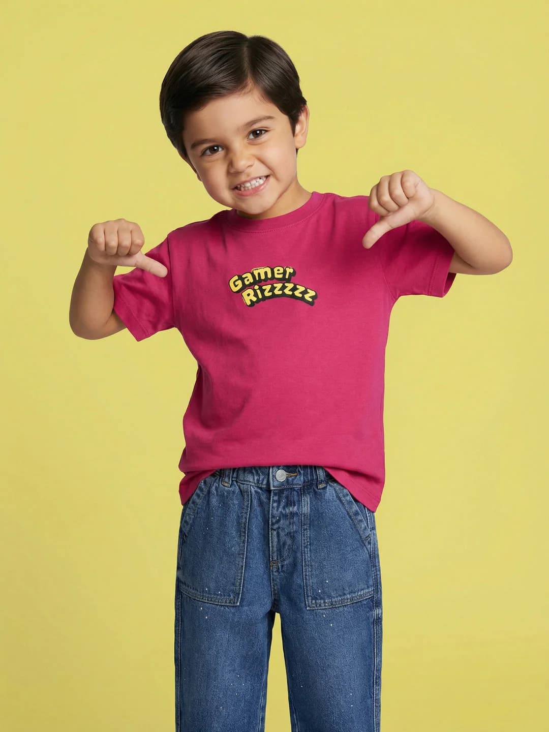 Boys Red Cotton Front and Back Gaming Puff Print Oversized Round Neck Tshirt