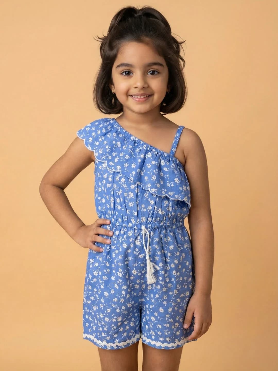 Girls Blue Cotton Asymmetric Off-Shoulder Floral Print Jumpsuit
