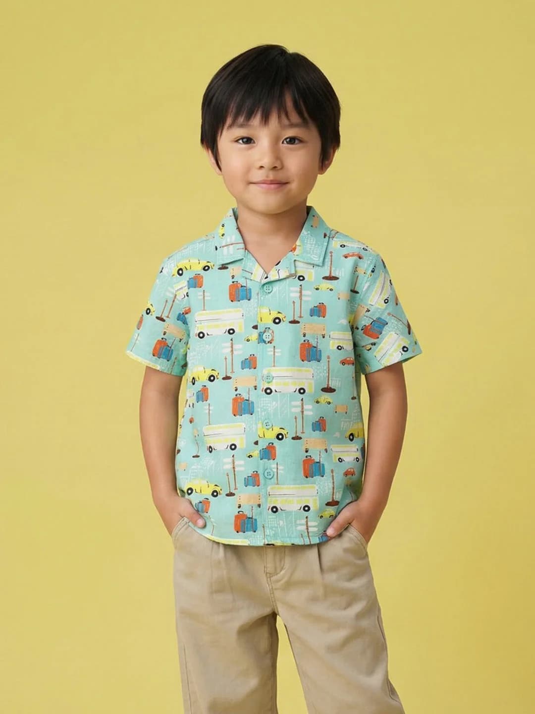 Boys Green Cotton Cars Graphic Printed Resort Shirt