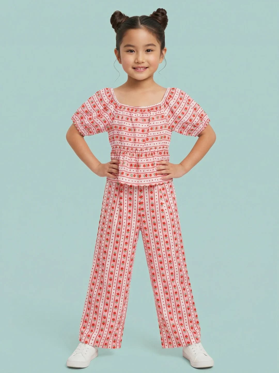 Girls Red Valentine's Edition Floral Striped Peplum Top with Wide Leg Bottoms Co-ord Set