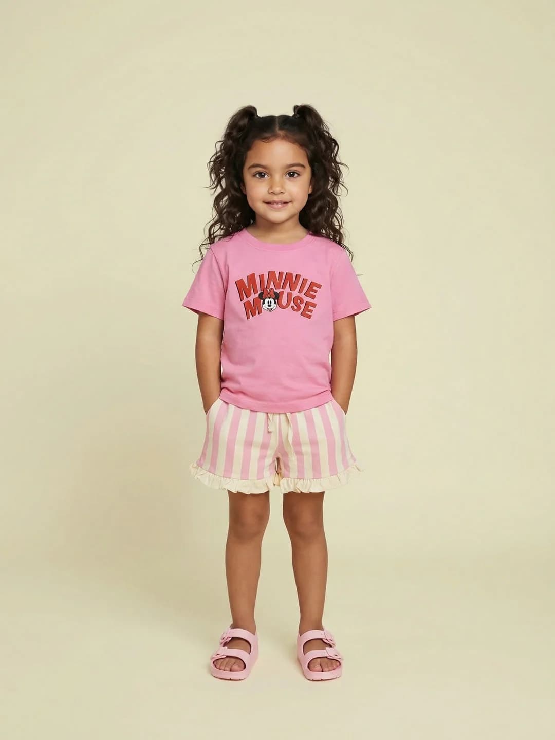 Girls Pink Cotton Disney Minnie Mouse Printed Tshirt and Shorts Night Suit Set