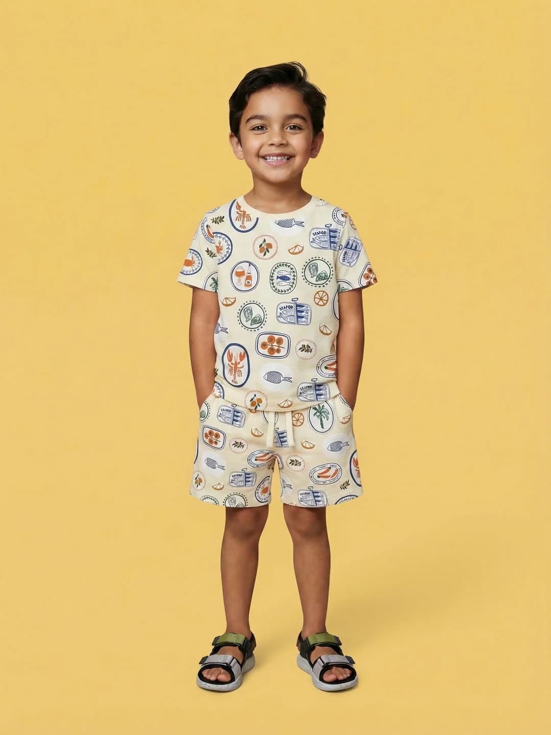 Boys White Cotton All Over Print Half-Sleeve Summer Tshirt and Shorts Set