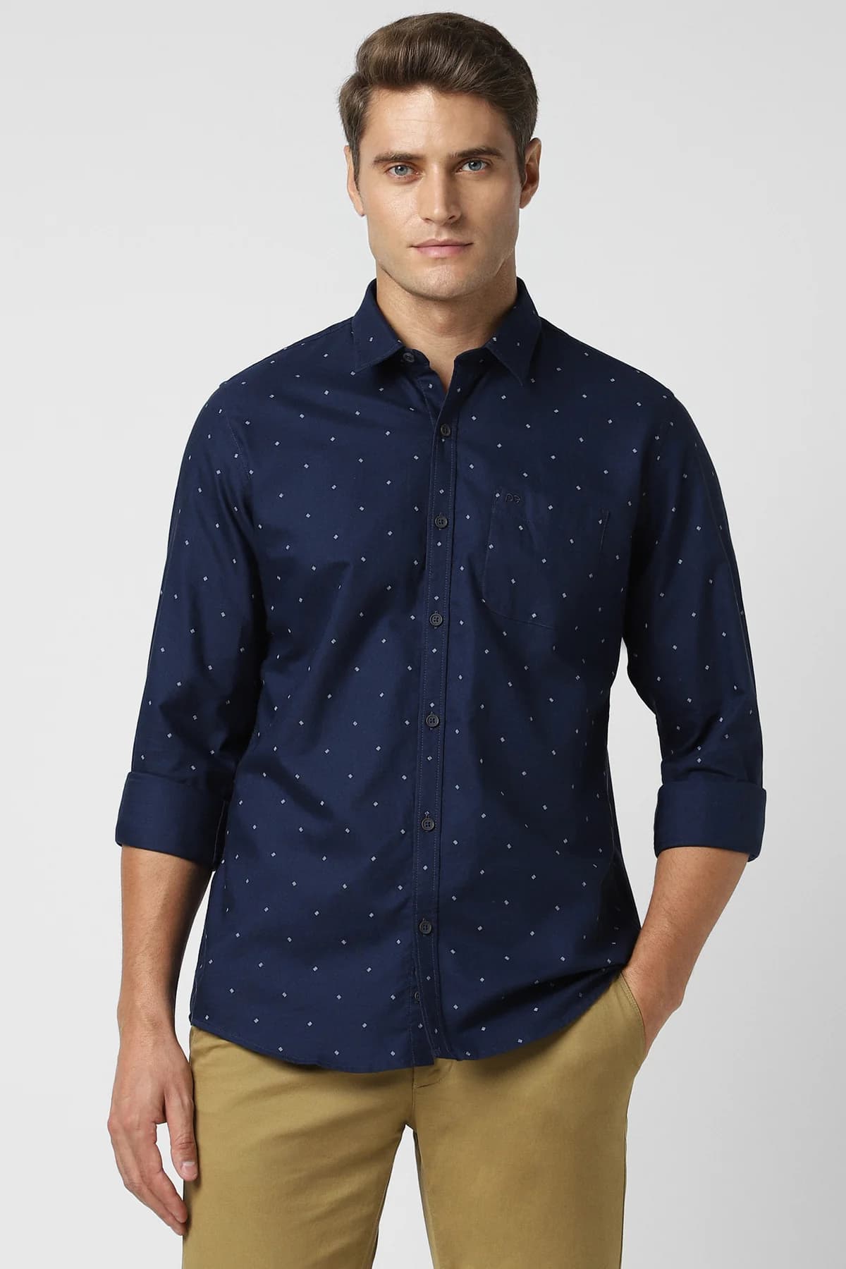 Men's Navy Casual Slim Fit Printed Full Sleeves Cotton Shirt