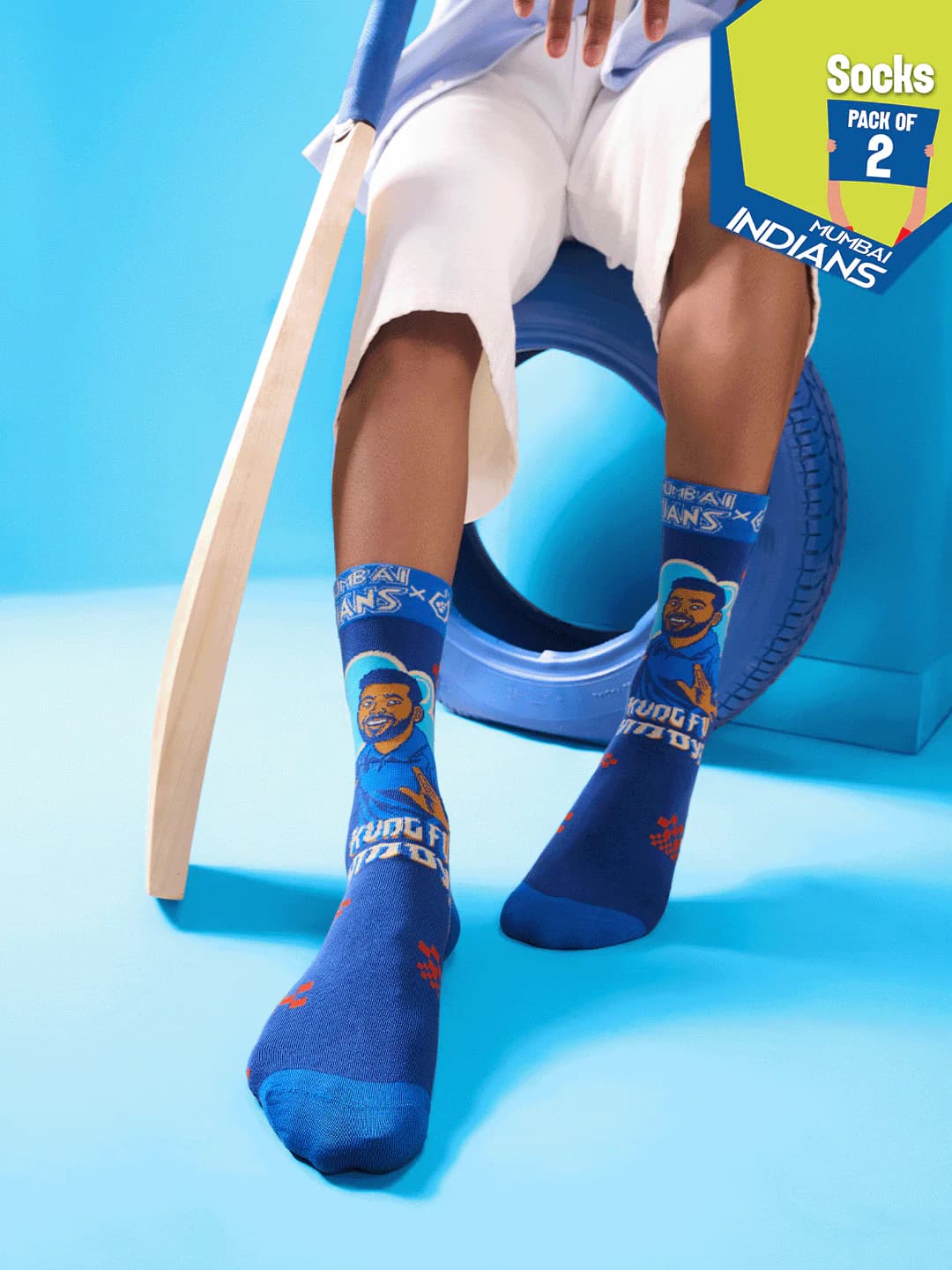 Hexafun x Mumbai Indians Strike Stompers Unisex Multicolor Crew Length Socks - Pack of 2