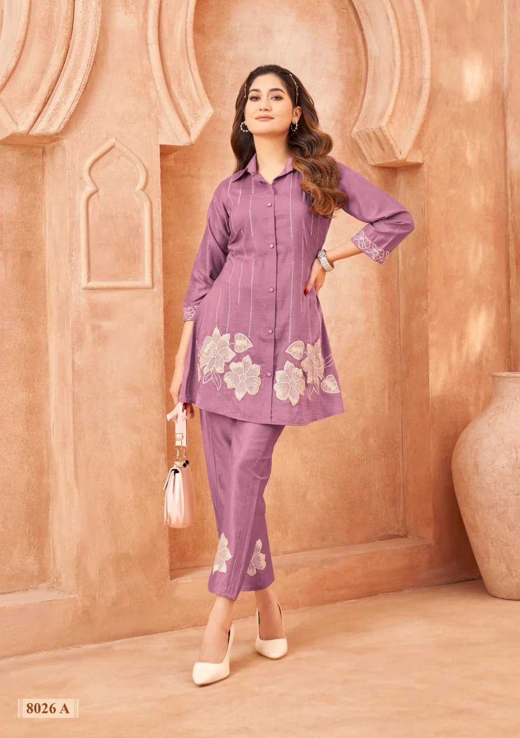 Women's Pink Festive Three Quarter Sleeves Viscose Co-ords Set