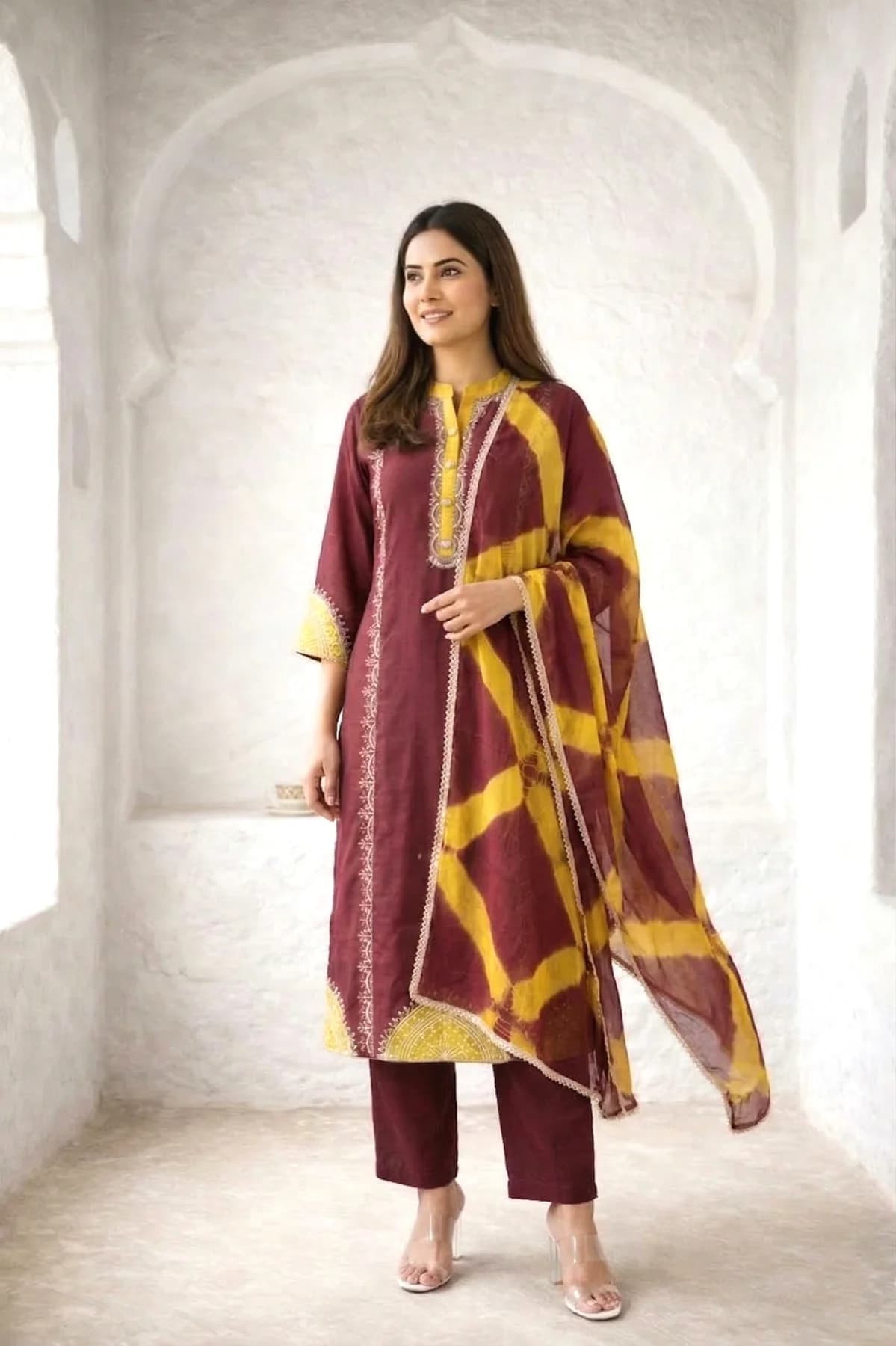 Women's Brown Festive Three Quarter Sleeves Silk Salwar Suit with Dupatta